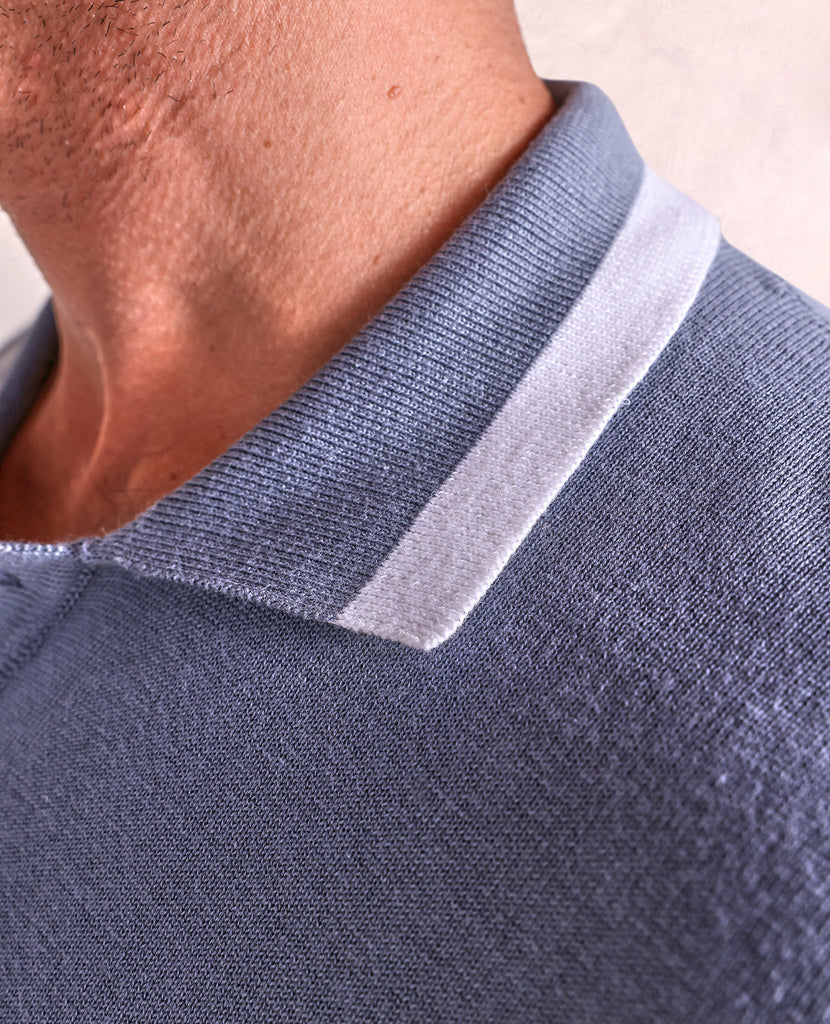 The Weston - Knit LS Polo w/Tipping - Blue/White