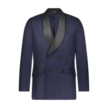 Navy blue tuxedo jacket with black lapels on a transparent background