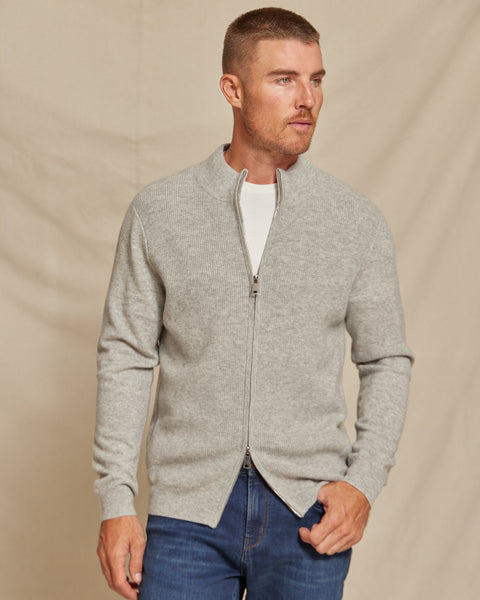 The Frost - Wool/Cashmere Full Zip Rib Knit Sweater - Grey Heather The Frost - Wool/Cashmere Full Zip Rib Knit Sweater - Grey Heather