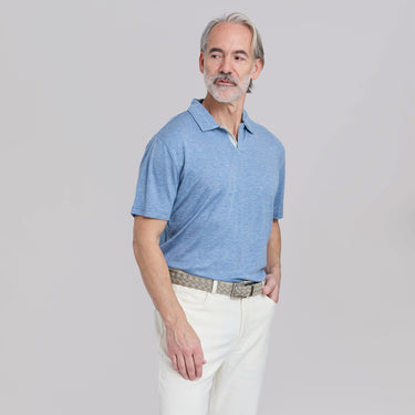 The Everett - Double Placket Johnny Collar Polo - Sky Blue/Grey