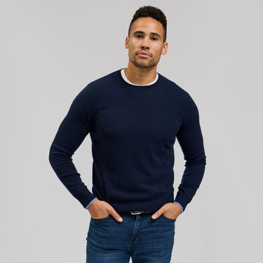 The Walker - Cashmere Crew Neck Sweater w/Tipping - Navy / Light Blue