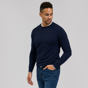 The Walker - Cashmere Crew Neck Sweater w/Tipping - Navy / Light Blue