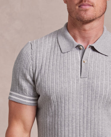 The Tristan - Cashmere Cable Knit SS Polo - Grey/Ecru