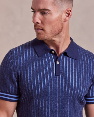 The Tristan - Cashmere Cable Knit SS Polo - Navy/Blue Heather