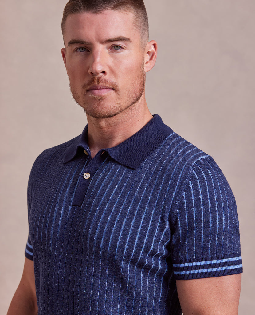 The Tristan - Cashmere Cable Knit SS Polo - Navy/Blue Heather – Rye 51