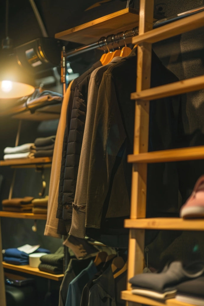 Clothing rack with jackets and shirts in a dimly lit room
