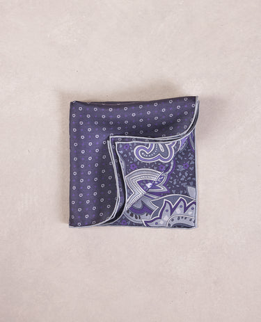 The Silk Pocket Square - Double Face - Navy Purple Paisley Dot
