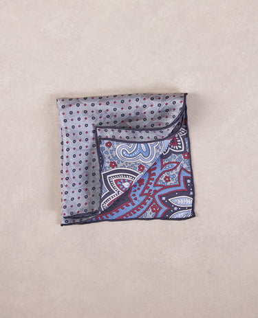 The Silk Pocket Square - Double Face - Navy Burgundy Paisley Dot
