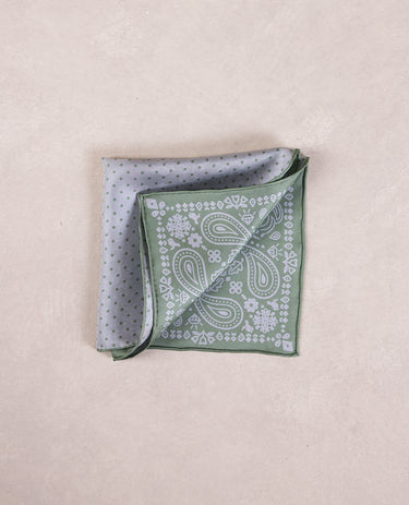 The Silk Pocket Square - Double Face - Green Bandana/ Micro Dot