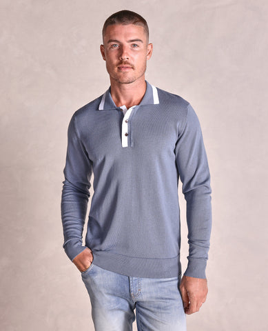 The Weston - Knit LS Polo w/Tipping - Blue/White